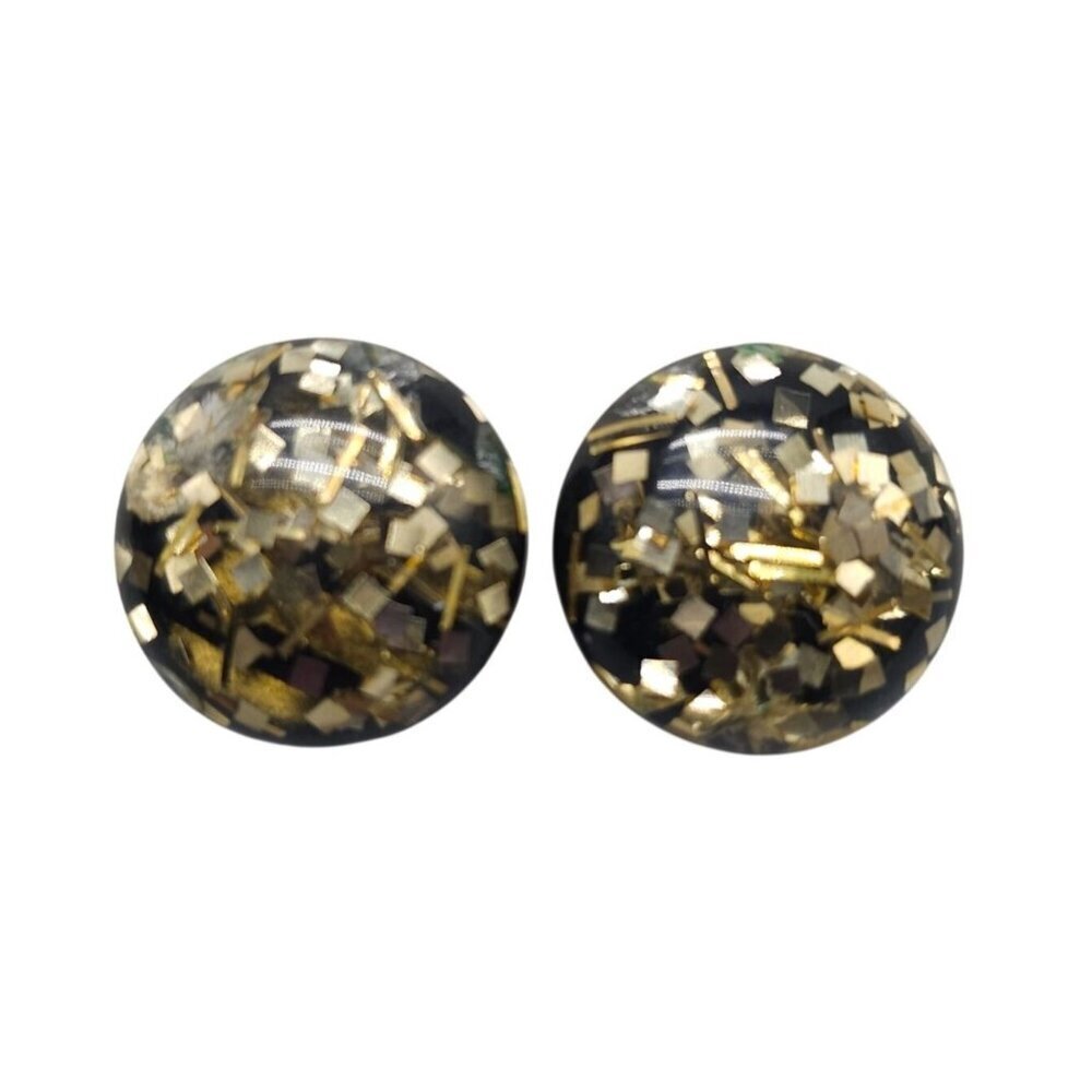 Vintage Gold Confetti Lucite Clip-On Earrings Round Retro Style